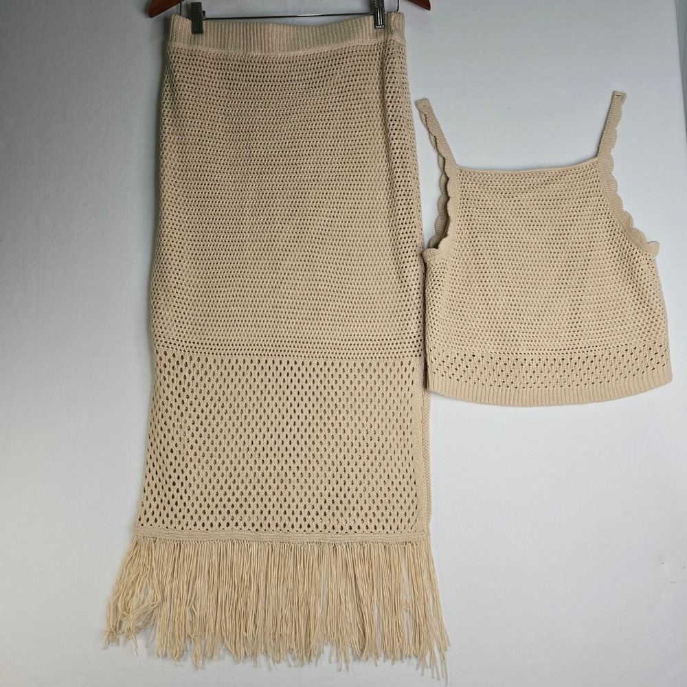 House of Harlow 1960 Crochet 2 Piece Set Tan Fringe Maxi Skirt Crop Top Medium